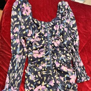 Fashion Nova  Floral Ruched Long puff Sleeve Dress
